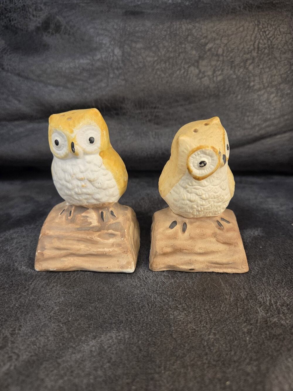 Vintage Ceramic Owl Salt and Pepper Shakers on Log Base Mid Century Modern Retro